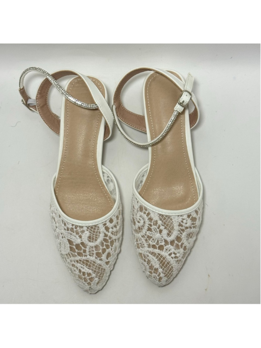 White Lace Low Block Heel Ankle Strap Wedding Shoe Sandals Size 40 - Picture 5 of 10